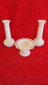 Milk Glass Set 2 Stem Vases and Bowl