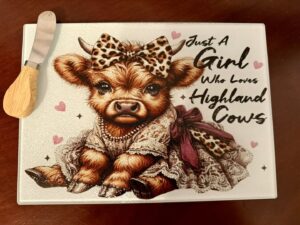 Glass Cutting Board with Cheese Spreader (Just a girl …cow)