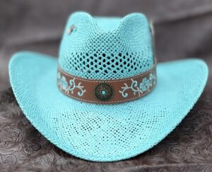 Turquoise straw cowboy hat