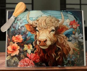 Glass Cutting Board with Cheese Spreader (Highland Cow)